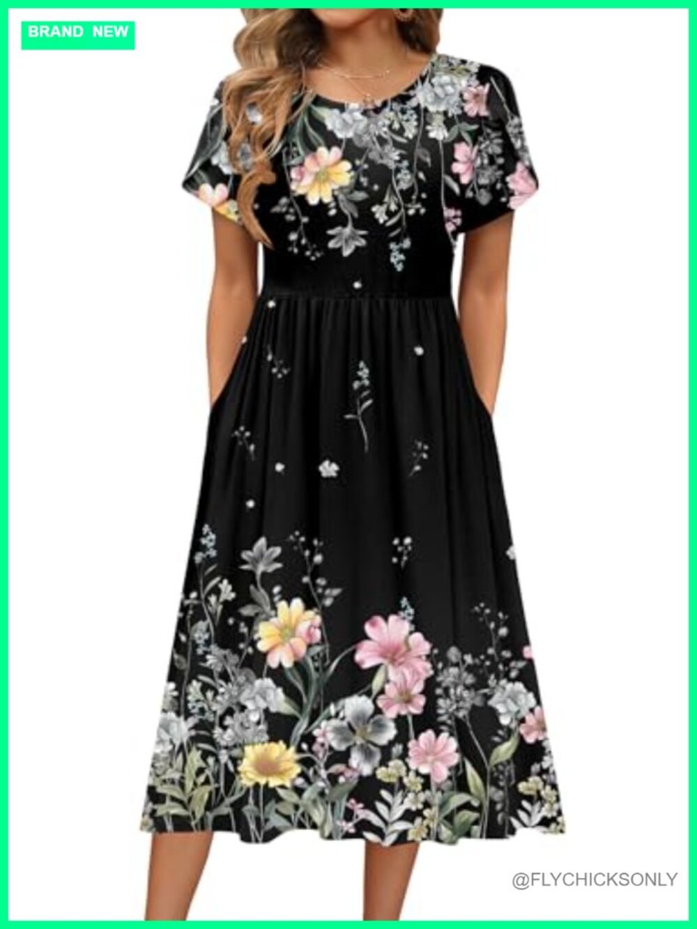 Women's Floral A-Line Midi Dress Short Sleeve Casual Summer Beach Sundress with